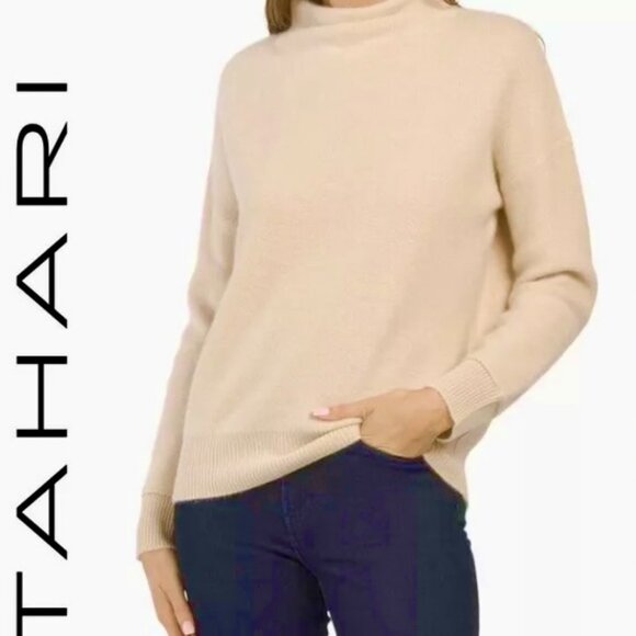 TAHARI Cashmere Oversize Fit Sweater Mock Neck Banded Cuff/Hem Beige Wm Sz L NEW - Picture 9 of 10